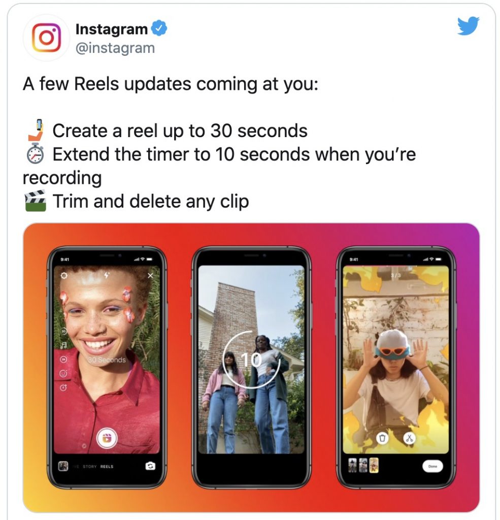 Instagram Reel Aggiornamenti settembre 2020